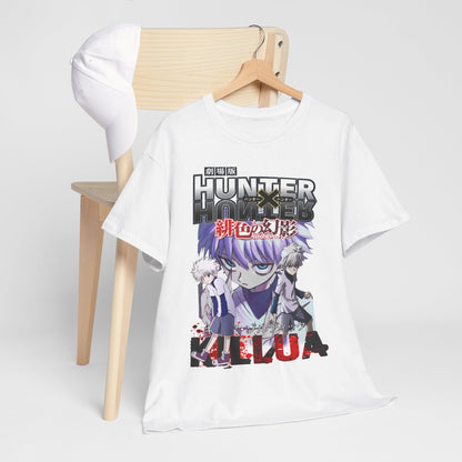 Fashionable white t-shirt draped over a wooden chair, displaying a bold 'Hunter x Hunter' graphic featuring Killua, perfect for upscale casual attire.