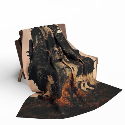 Decorative and Warm Halloween Spooky Arctic Fleece Blanket draped elegantly over a chair, featuring stunning Halloween-themed artwork that adds a touch of luxury and seasonal charm to any space.