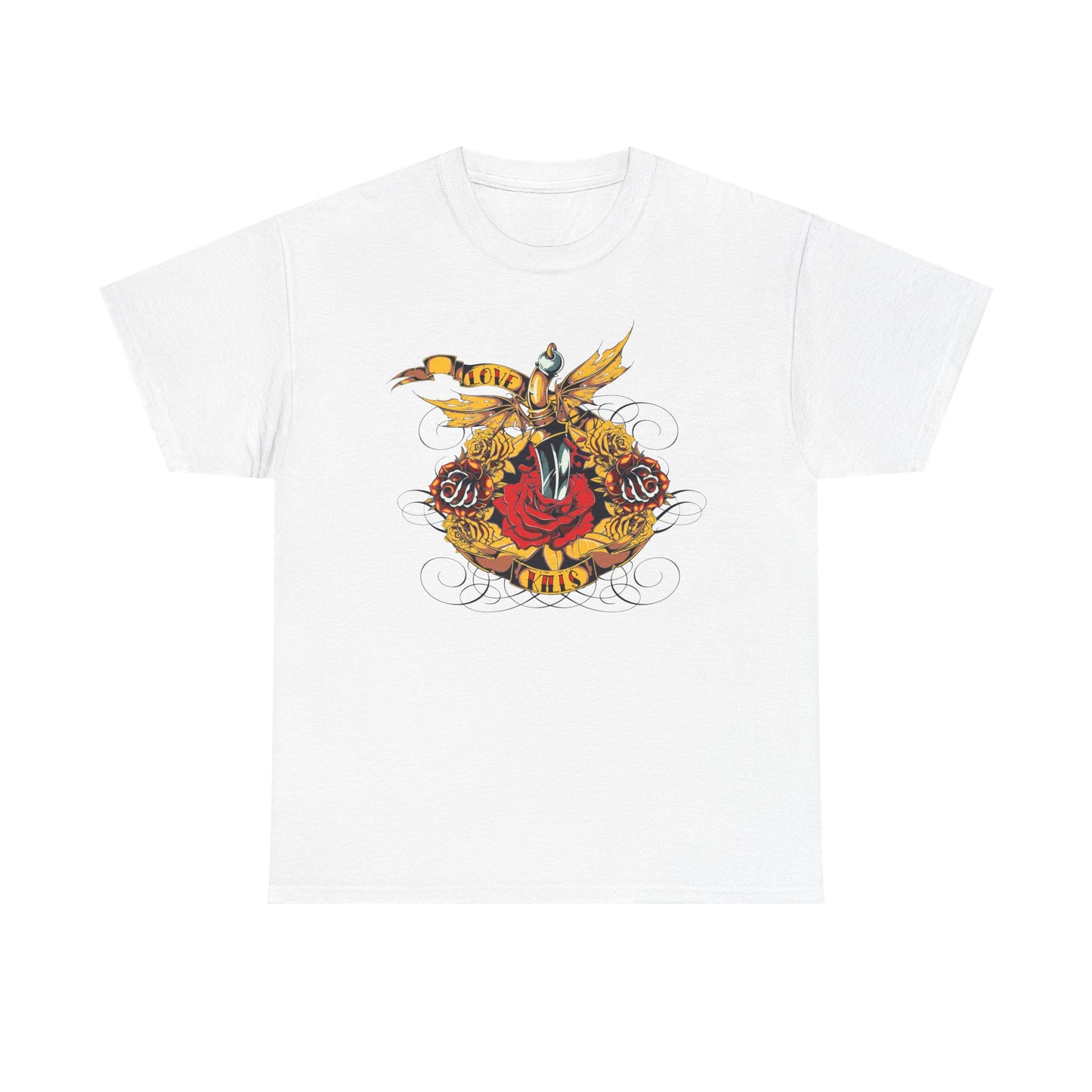 Luxurious white t-shirt featuring an ornate ‘Dagger of Passion’ graphic design with vibrant roses, gold accents, and the inscription ‘LOVE KILLS’—perfect for bold fashion statements.