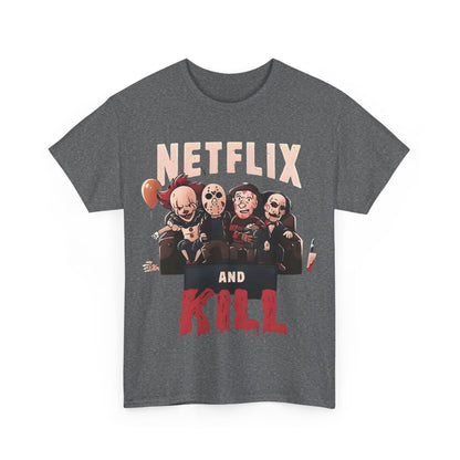 Trendy Netflix and Kill Graphic T-Shirt in a sleek design, portraying beloved horror characters, ideal for adding a statement piece to an upscale wardrobe.