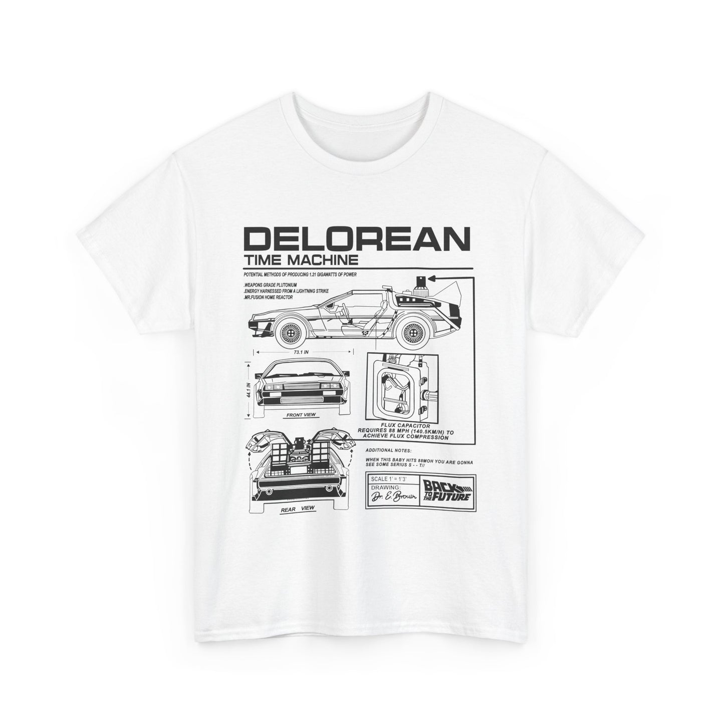 Elegantly designed Men's Back to the Future DeLorean Blueprint T-Shirt featuring intricate technical illustrations of the iconic time machine in white fabric.