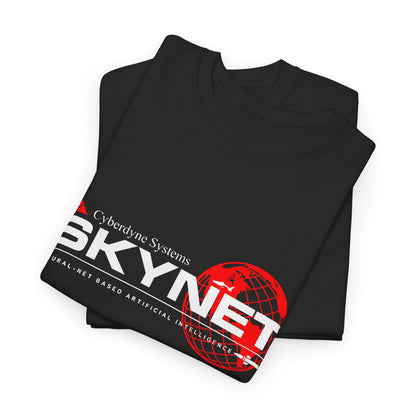 Model wearing the Skynet Terminator Graphic Cotton Funny Tee Shirt, showcasing an avant-garde blend of geek culture and fashion.