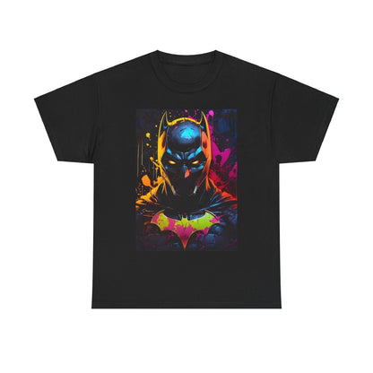 Vibrant Batman Graphitti Graphic Unisex Tee Shirt in black, showcasing a bold and dynamic design of Batman with striking mechanical elements.