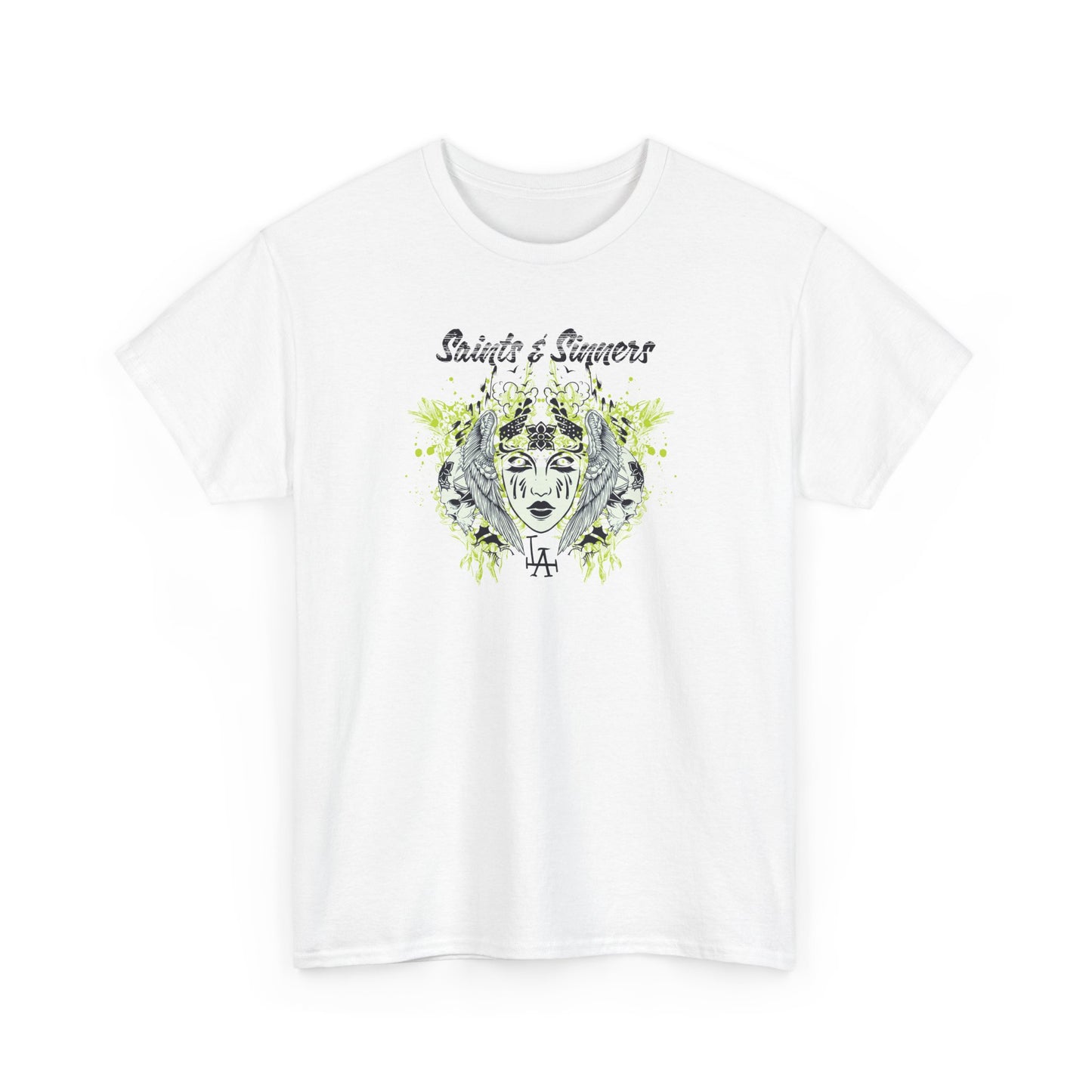 Gothic Men's T-Shirt featuring 'Saints & Sinners' design, showcasing a striking floral emblem and skull art on a white background, ideal for expressive fashion.