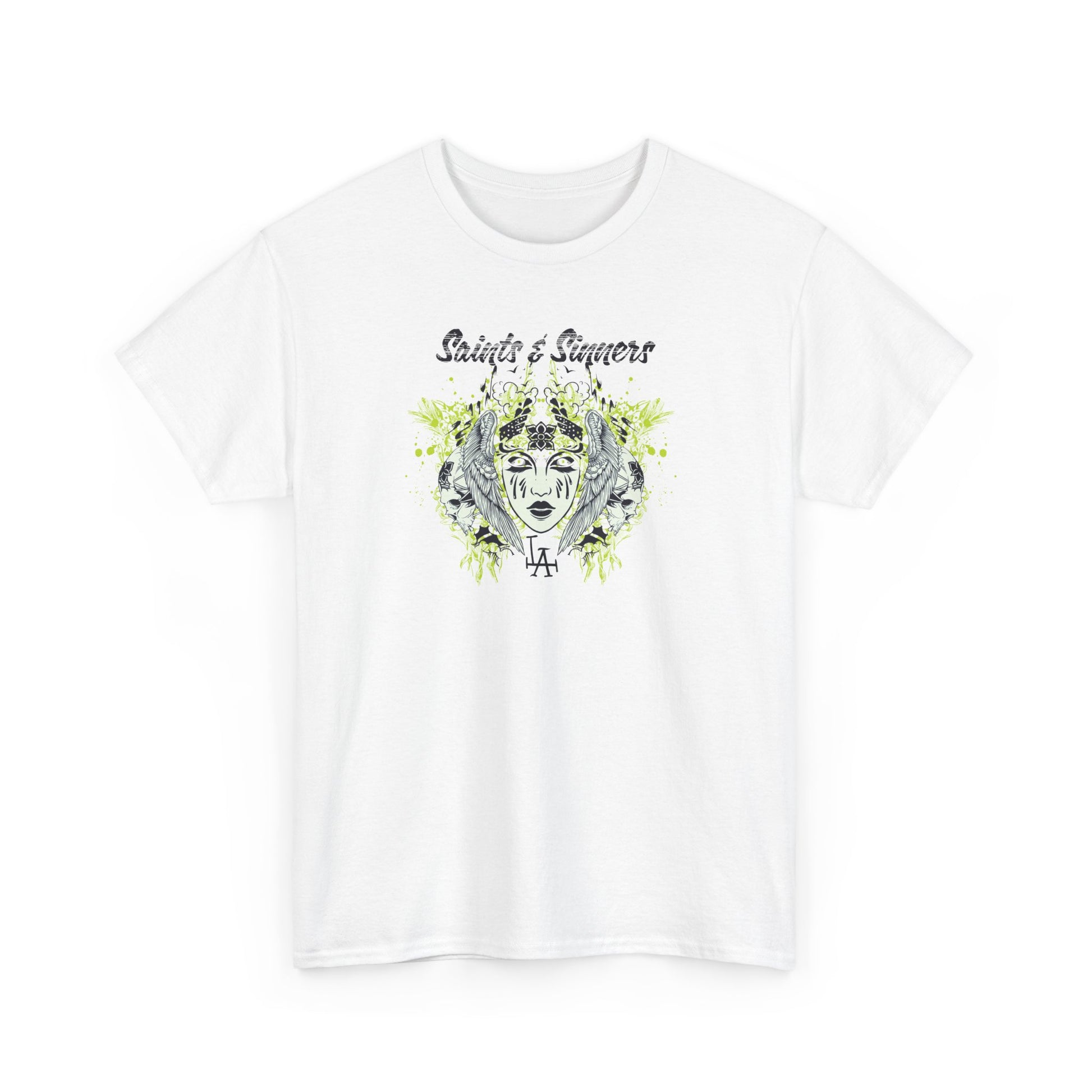 Gothic Men's T-Shirt featuring 'Saints & Sinners' design, showcasing a striking floral emblem and skull art on a white background, ideal for expressive fashion.