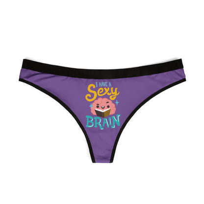 Luxurious purple women's thong with playful 'I Have a Sexy Brain' graphic design featuring a happy brain illustration, perfect for cheeky romantic gifts.