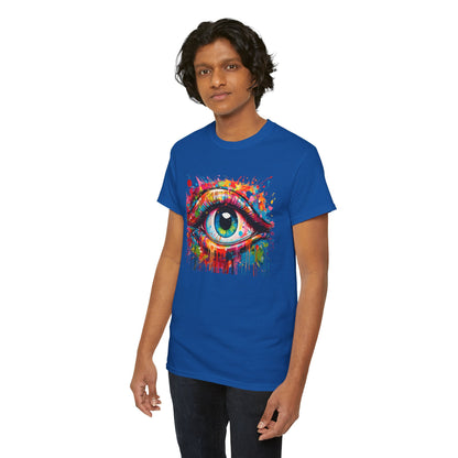 Stylish Visionary Drip Graphic Tee displayed on a model, showcasing a vivid eye design in striking colours, ideal for creative and fashionable individuals.