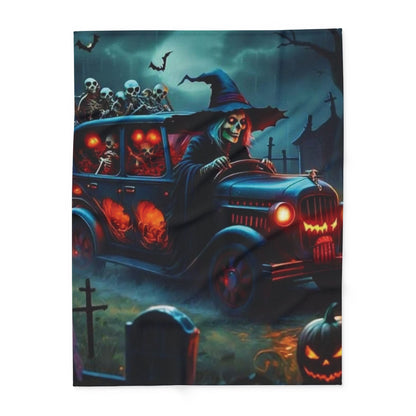 Elegant Decorative and Warm Halloween Spooky Arctic Fleece Blanket depicting a spooky witch and skeletons in an antique car, perfect for sophisticated Halloween styling.