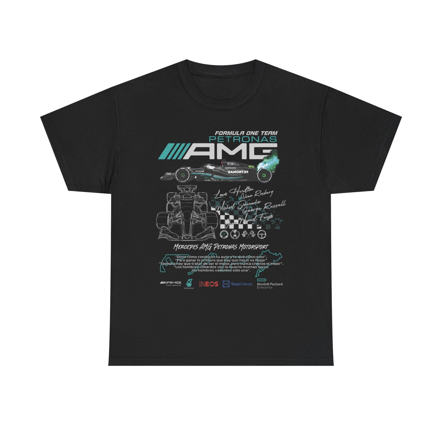 Men's elegant black F1 Mercedes AMG Petronas T-Shirt adorned with vibrant graphic designs and historic racing legacy, tailored for fashion-forward fans.