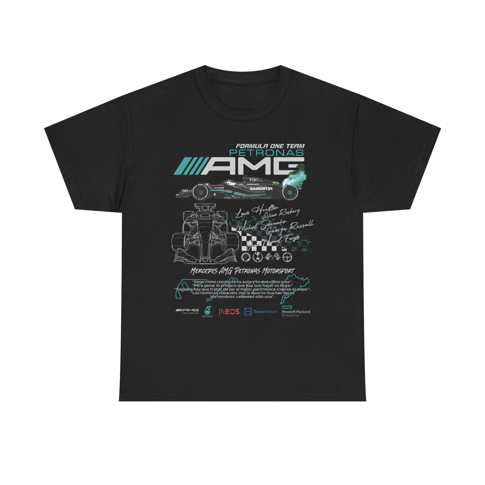 Men's elegant black F1 Mercedes AMG Petronas T-Shirt adorned with vibrant graphic designs and historic racing legacy, tailored for fashion-forward fans.