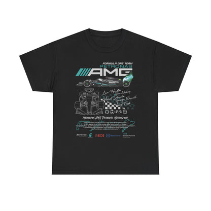 Luxury men's F1 Mercedes AMG Petronas T-Shirt in black featuring vibrant dynamic race car graphics, iconic team logos, and signatures of racing legends.