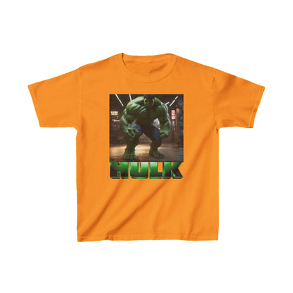 Kids Heavy Duty Incredible Hulk T-Shirt in bright orange displaying a dynamic print of the Hulk, crafted from high-quality materials for active children.