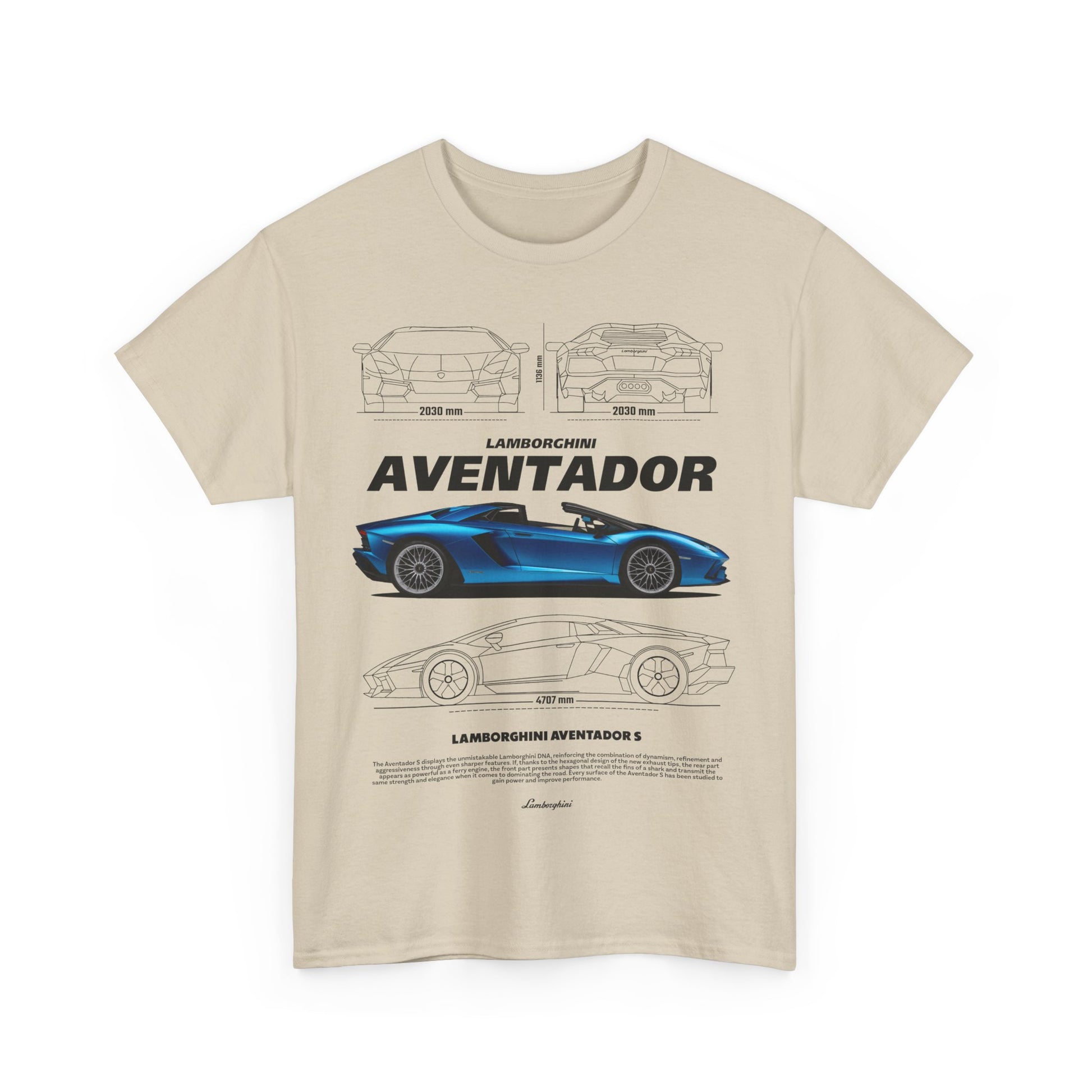 Stylish beige t-shirt for men featuring a striking graphic of the Lamborghini Aventador, blending luxury and casual fashion.