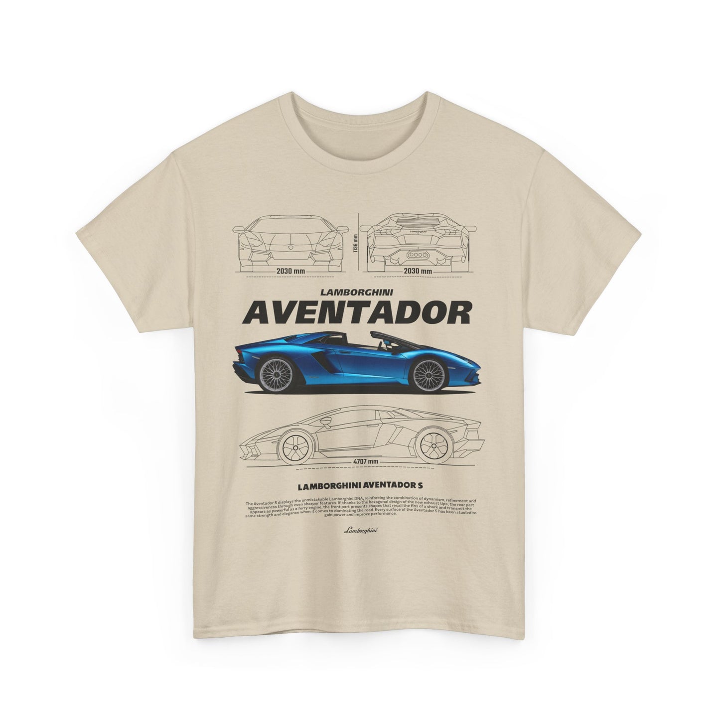 Luxury men's t-shirt featuring a graphic design of the Lamborghini Aventador S, showcasing a blue sports car against a cream backdrop, perfect for automotive enthusiasts.