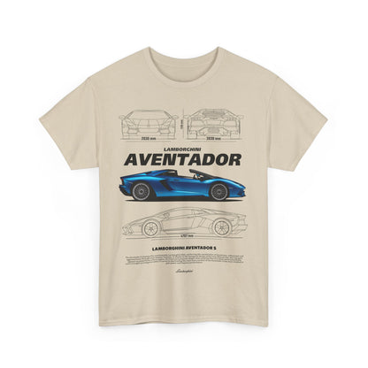 Luxury men's t-shirt featuring a graphic design of the Lamborghini Aventador S, showcasing a blue sports car against a cream backdrop, perfect for automotive enthusiasts.