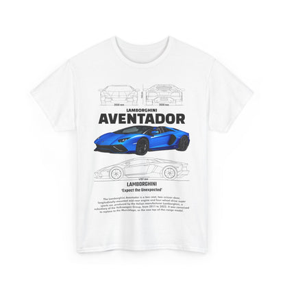 Chic white Lamborghini Aventador graphic tee featuring a striking blue car design, complete with detailed artwork and specifications, a must-have for luxury car aficionados.