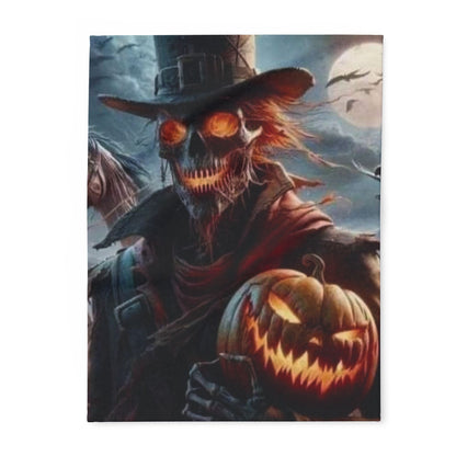 Decorative and Warm Halloween Spooky Arctic Fleece Blanket featuring a hauntingly elegant skeletal figure holding a glowing pumpkin, ideal for adding a touch of gothic charm to your Halloween decor.
