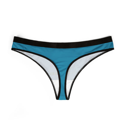Elegant vegan-friendly thong panties in a striking blue colour, offering a cheeky design with bold text and an eco-conscious vibe.