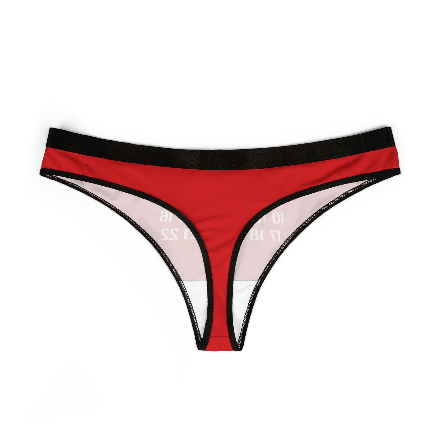 Luxury red thong displayed flat, emphasizing a vibrant design with playful numbers and striking black accents, a sophisticated piece for adventurous lingerie styles.