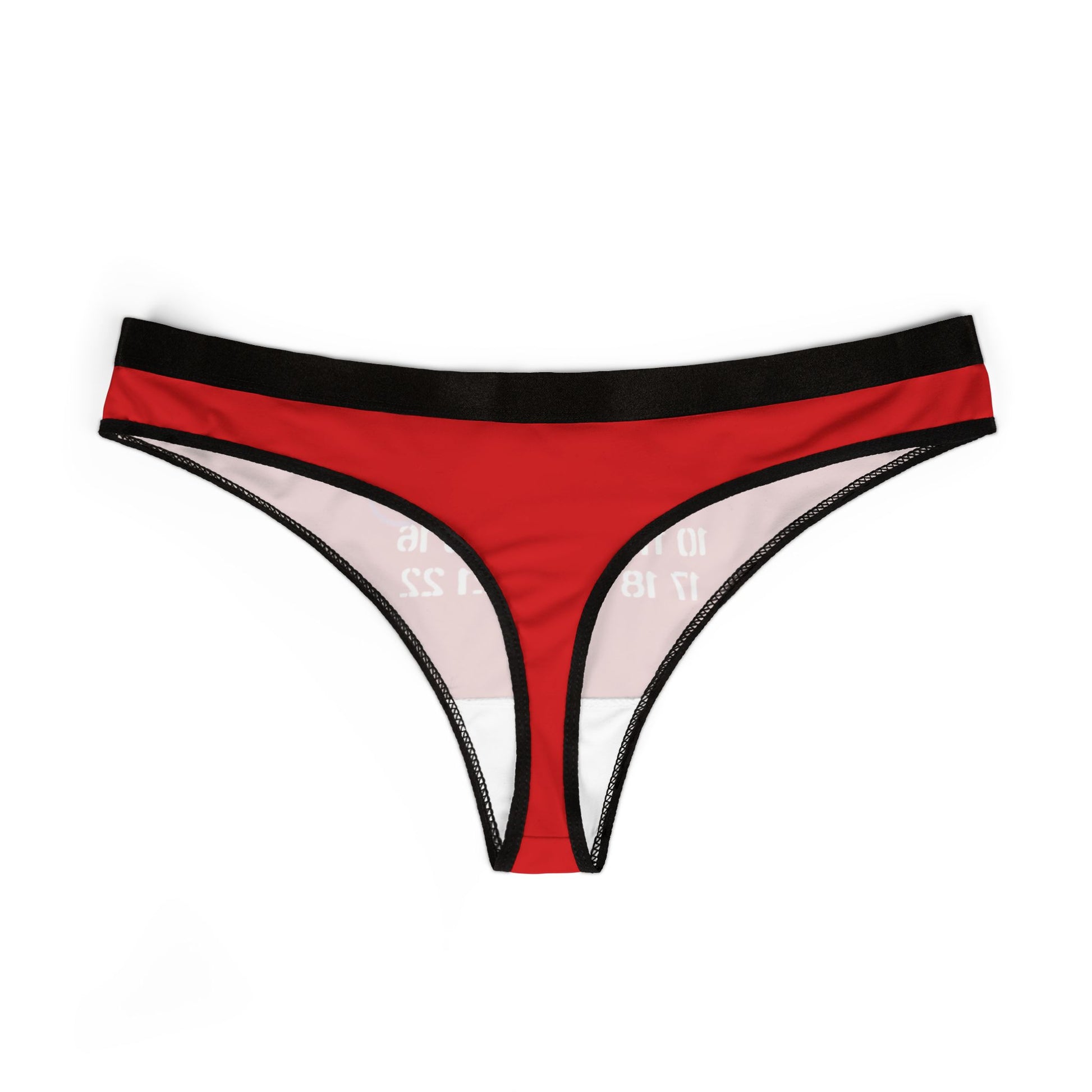 Luxury red thong displayed flat, emphasizing a vibrant design with playful numbers and striking black accents, a sophisticated piece for adventurous lingerie styles.
