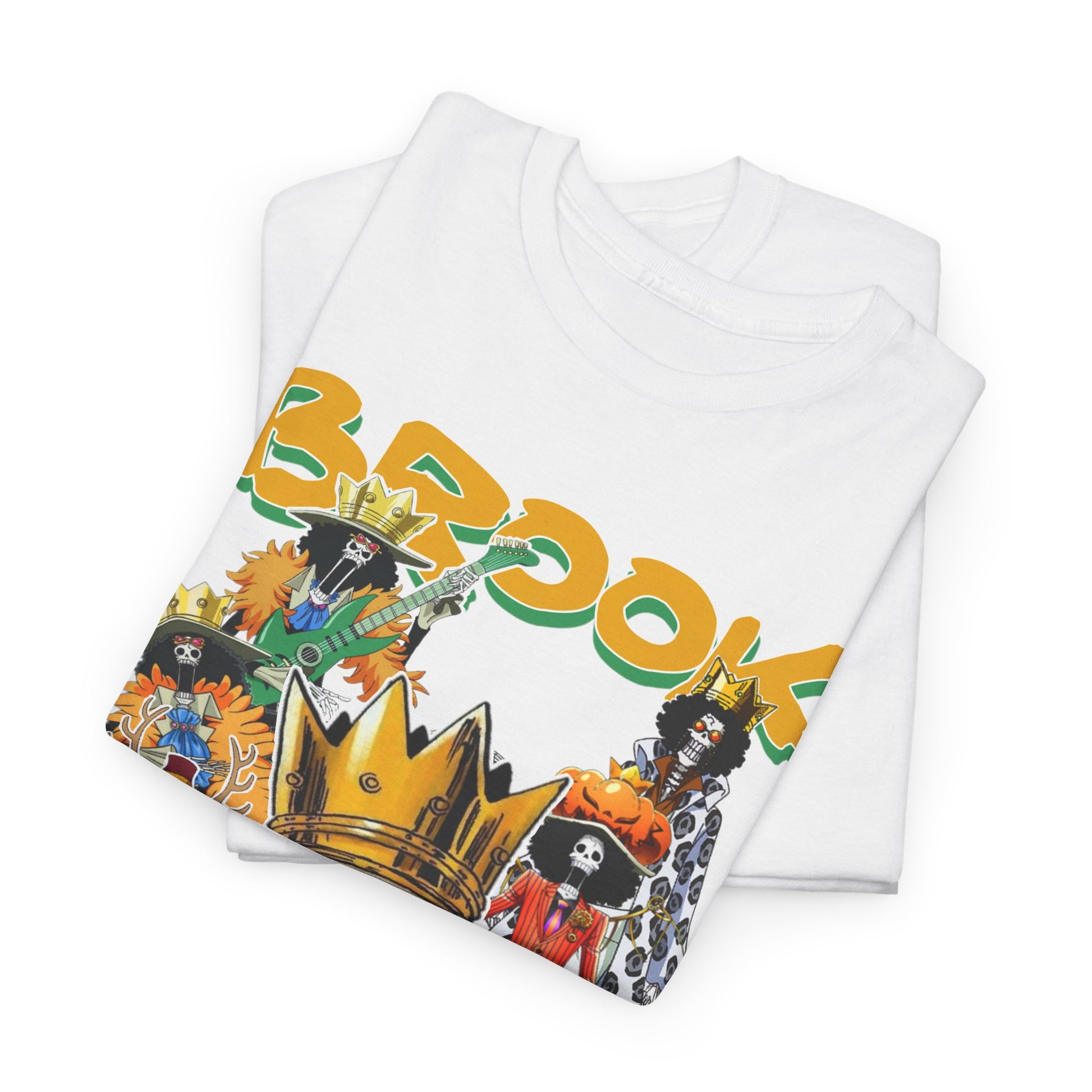 Premium folded white anime t-shirts featuring a lively Brook character design, showcasing top-notch quality for anime aficionados.