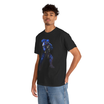 Sophisticated male model showcasing a black graphic t-shirt with striking blue-armoured warrior design, ideal for stylish casual outings.
