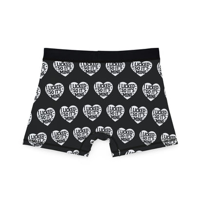 Valentine's Naughty Cheeky Men's Boxer Briefs featuring the cheeky phrase 'I LICKED IT SO IT'S MINE' in playful heart graphics, perfect for adding a humorous touch to romantic occasions.