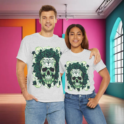 Trendy couple wearing the Skulls and Roses Cotton Tee, each showcasing the bold skull and rose graphic, set against a vibrant backdrop.