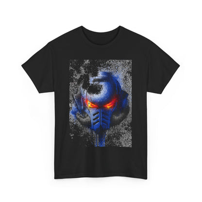 Chic unisex graphic tee in black, showcasing a formidable helmet design with vibrant red accents and a unique art style, ideal for fashion-forward individuals.