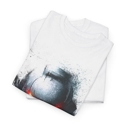 Folded luxury graphic t-shirt showcasing a meticulous helmet design with radiant red eyes amidst splatter-style artistry on a pristine white fabric, perfect for expressing unique style.