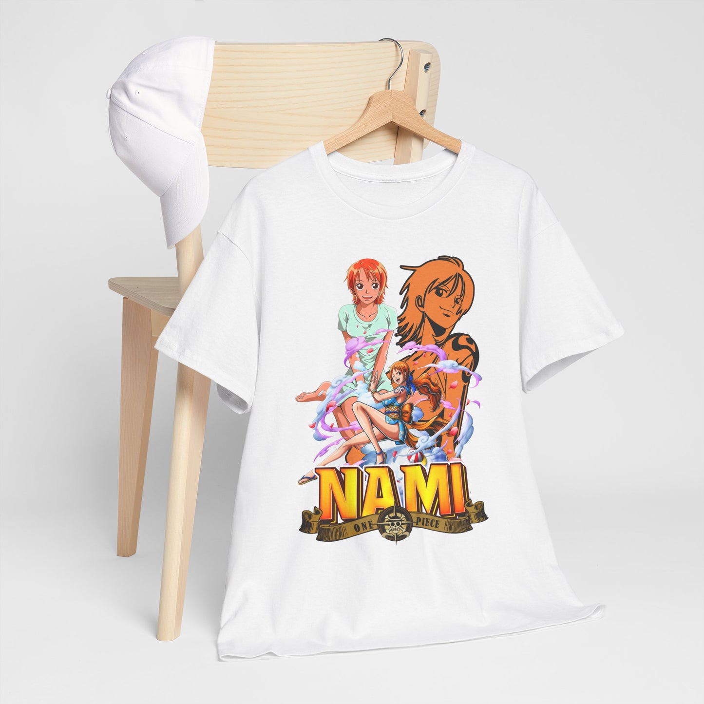 Stylish men's t-shirt with Nami anime art from One Piece displayed on a chic wooden hanger, exuding sophistication and contemporary design.