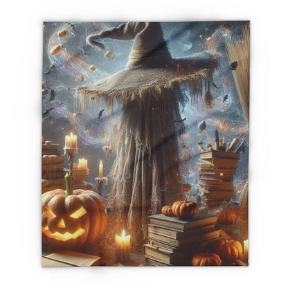Luxurious Decorative and Warm Halloween Spooky Arctic Fleece Blanket displayed above a pumpkin and candles, featuring a mystical Halloween scene with a scarecrow and books.
