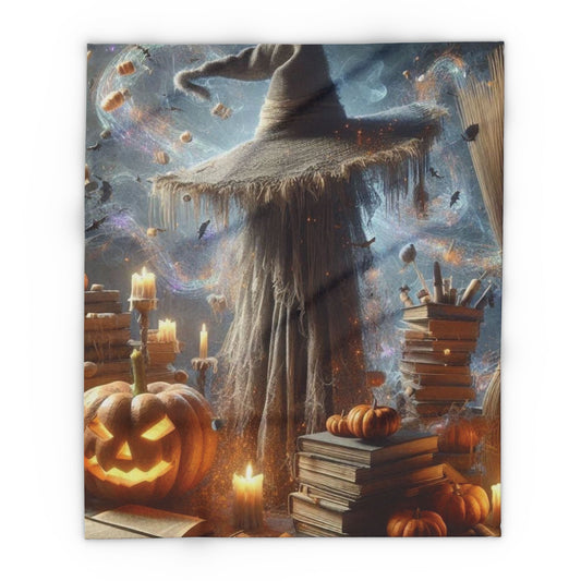 Luxurious Decorative and Warm Halloween Spooky Arctic Fleece Blanket displayed above a pumpkin and candles, featuring a mystical Halloween scene with a scarecrow and books.