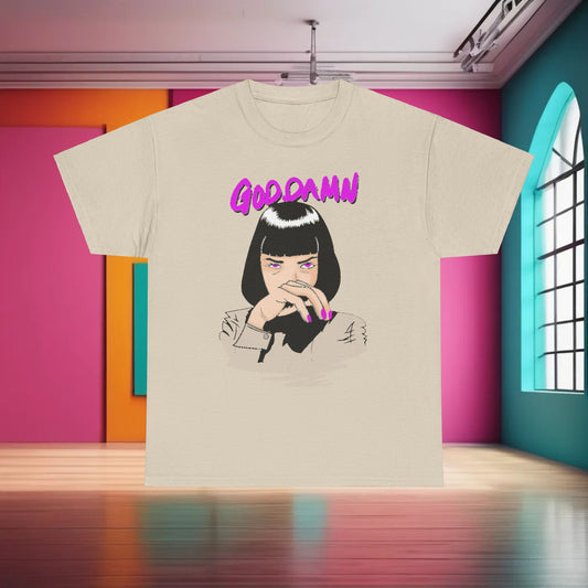 Luxury unisex graphic T-shirt featuring a stylish illustration of a pop culture icon with striking black bobbed hair and vibrant pink nails, adorned with the phrase 'GOOD DAMN' in bold lettering, set against a chic, colourful background.