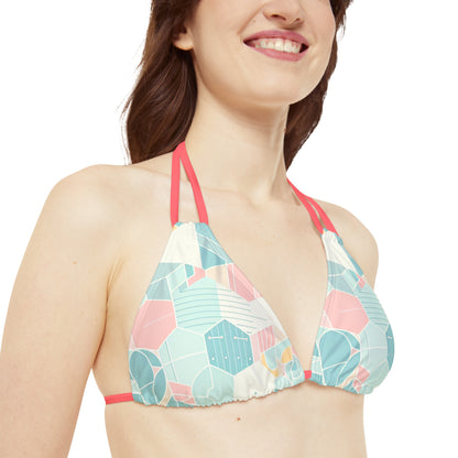 Sweat Symphony: Harmonizing Strappy Triangle Bikini Top, showcasing a vibrant geometric design and elegant fit, ideal for luxurious summer getaways.
