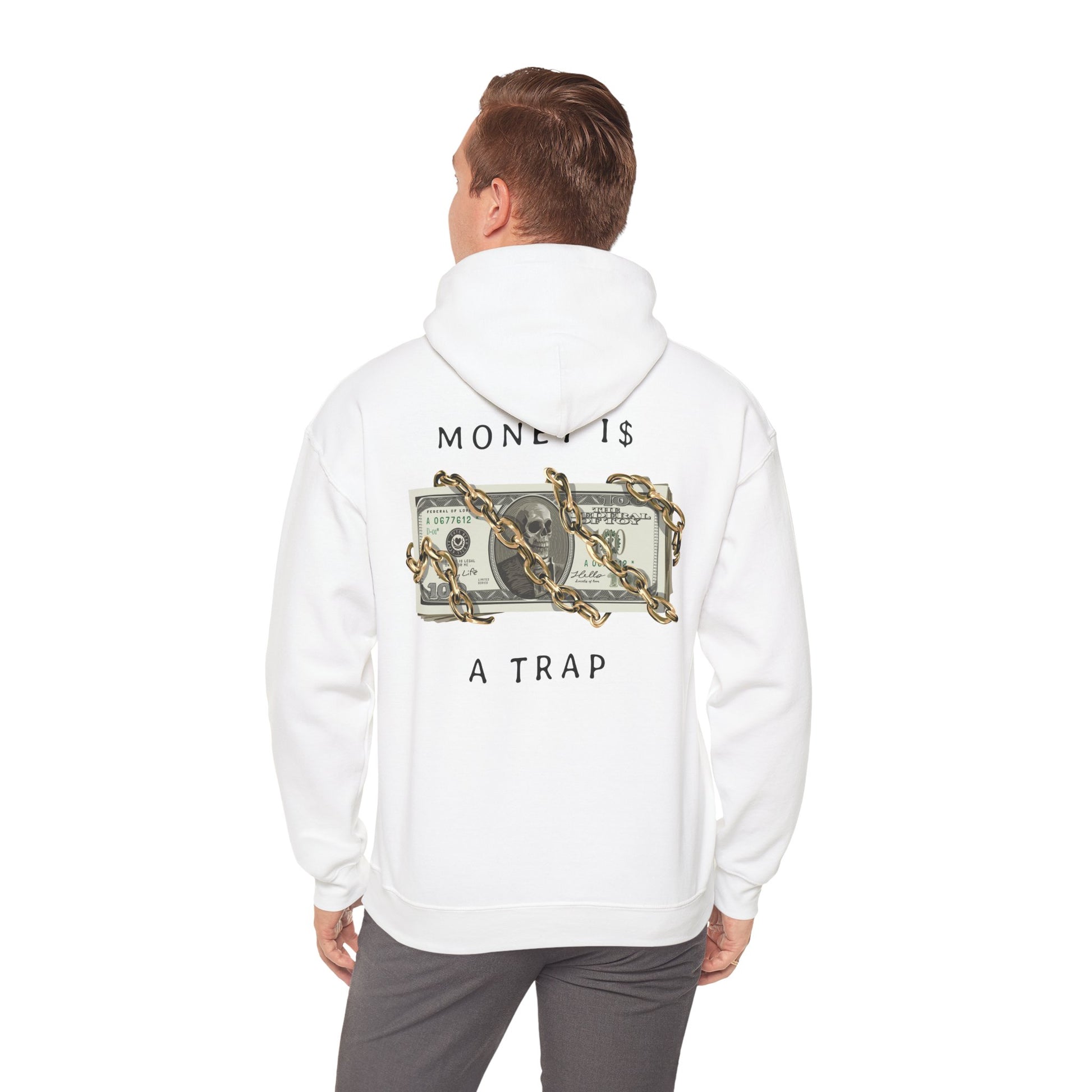 Man wearing a sophisticated white hoodie with an artistic design of chains and dollar bills on the back, embodying a unique lifestyle statement.