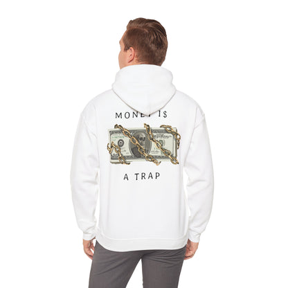 Man wearing a sophisticated white hoodie with an artistic design of chains and dollar bills on the back, embodying a unique lifestyle statement.