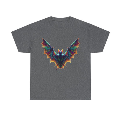 Radiant Evolution Bat Tee Unisex Cotton Tee showcasing an artistic bat graphic in stunning rainbow hues against a charcoal grey backdrop, ideal for art and nature lovers.