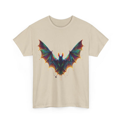 Front view of the Radiant Evolution Bat Tee, featuring a striking stylized bat graphic bursting with vibrant rainbow hues, perfect for adding a touch of luxury to casual wear.