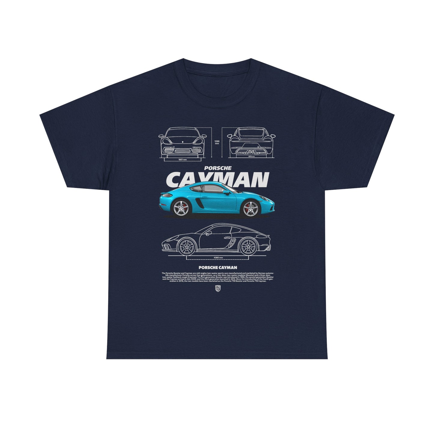 Luxury men's t-shirt featuring a vibrant Porsche Cayman graphic design in teal-blue, showcasing front, side, and rear views of the iconic car. Perfect for automotive enthusiasts.