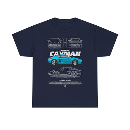 Luxury men's t-shirt featuring a vibrant Porsche Cayman graphic design in teal-blue, showcasing front, side, and rear views of the iconic car. Perfect for automotive enthusiasts.