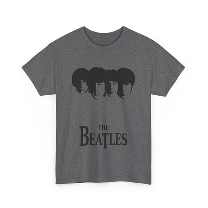 Vintage Beatles Logo Graphic Tee showcasing an iconic design of The Beatles' silhouettes on a stylish grey unisex cotton t-shirt, perfect for music lovers.
