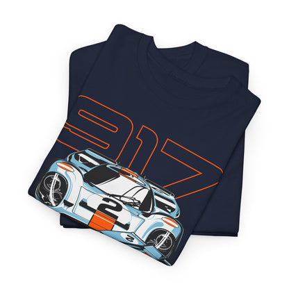 Luxurious navy blue Porsche 917 graphic t-shirt folded neatly, highlighting its sophisticated artwork and quality fabric, ideal for car enthusiasts.