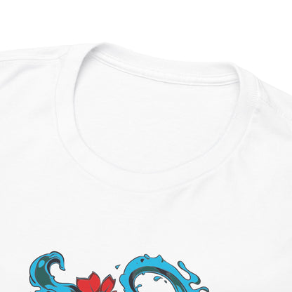 Close-up view of a premium men's t-shirt neckline, featuring a vivid skull design with vibrant colours and floral embellishments, crafted for comfort and uniqueness.