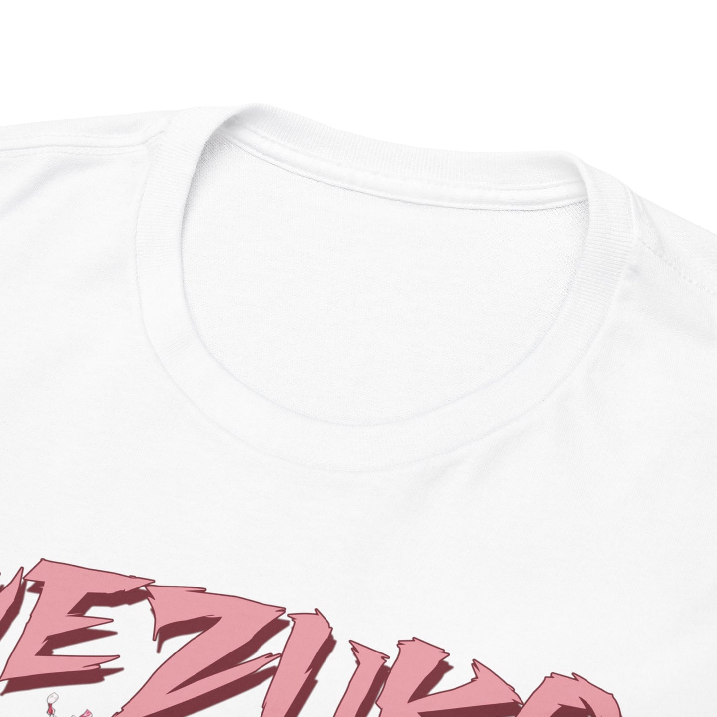 Close-up of the neckline of a premium Nezuko Kamado T-shirt, showcasing the smooth fabric and artful design elements in luxurious detail.