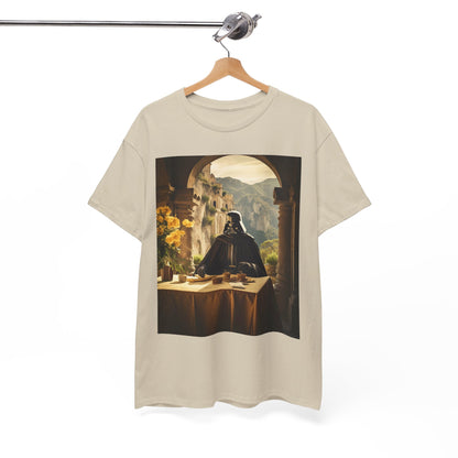 Beige t-shirt with Darth Vader's serene print, stylishly displayed on a hanger against a minimalist background, illustrating chic fashion.