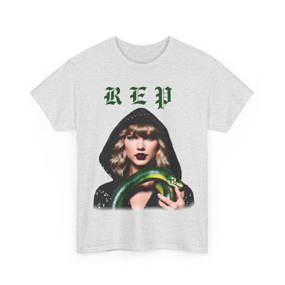 Front view of the Taylor Swift Reputation Era t-shirt, featuring a stunning print of Taylor Swift adorned in a striking outfit with a green snake, perfect for Swiftie fashion enthusiasts.