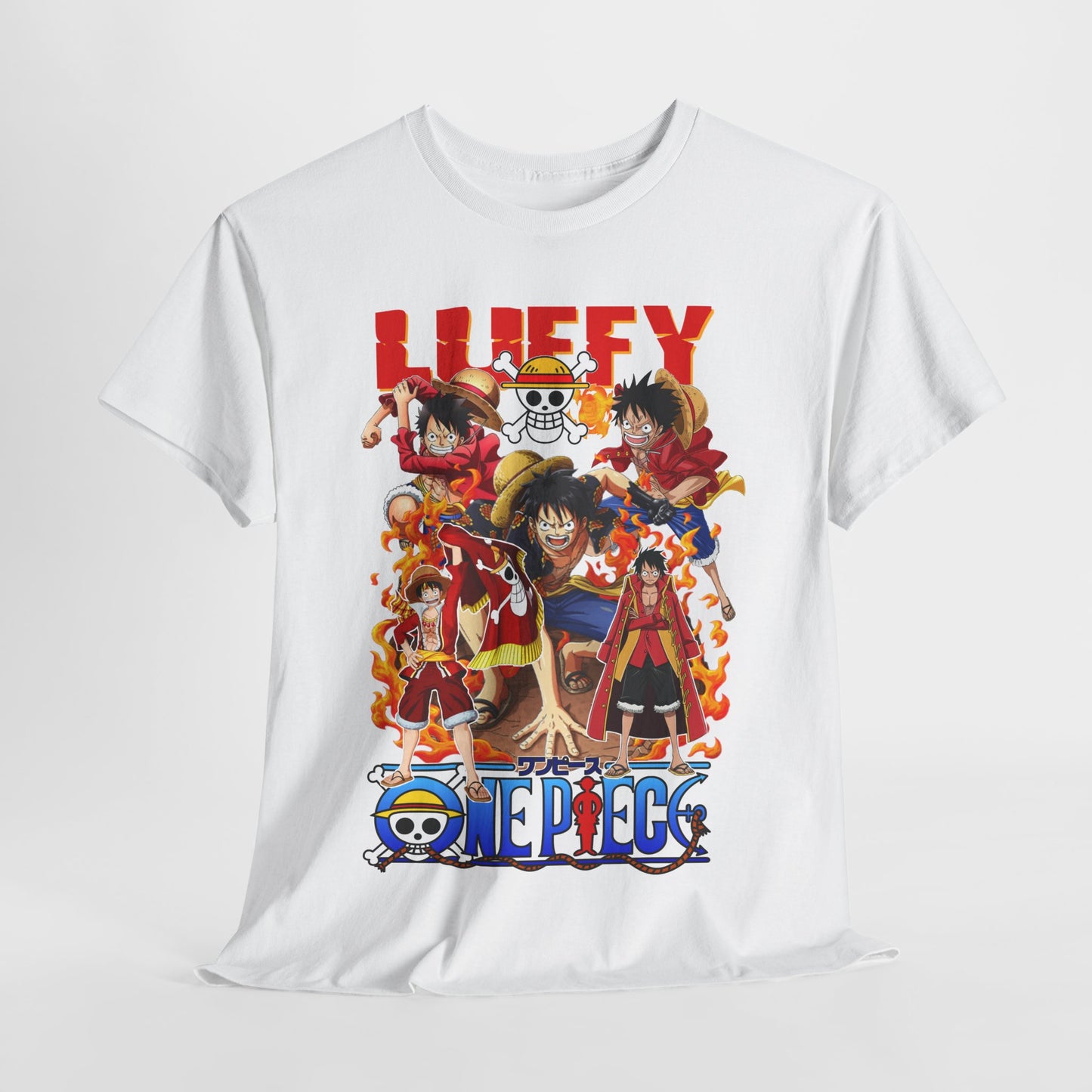 Elegant Epic One Piece Men's T-Shirt laid flat, highlighting stunning artwork of Luffy surrounded by iconic characters, embodying the spirit of adventure in luxury fashion.