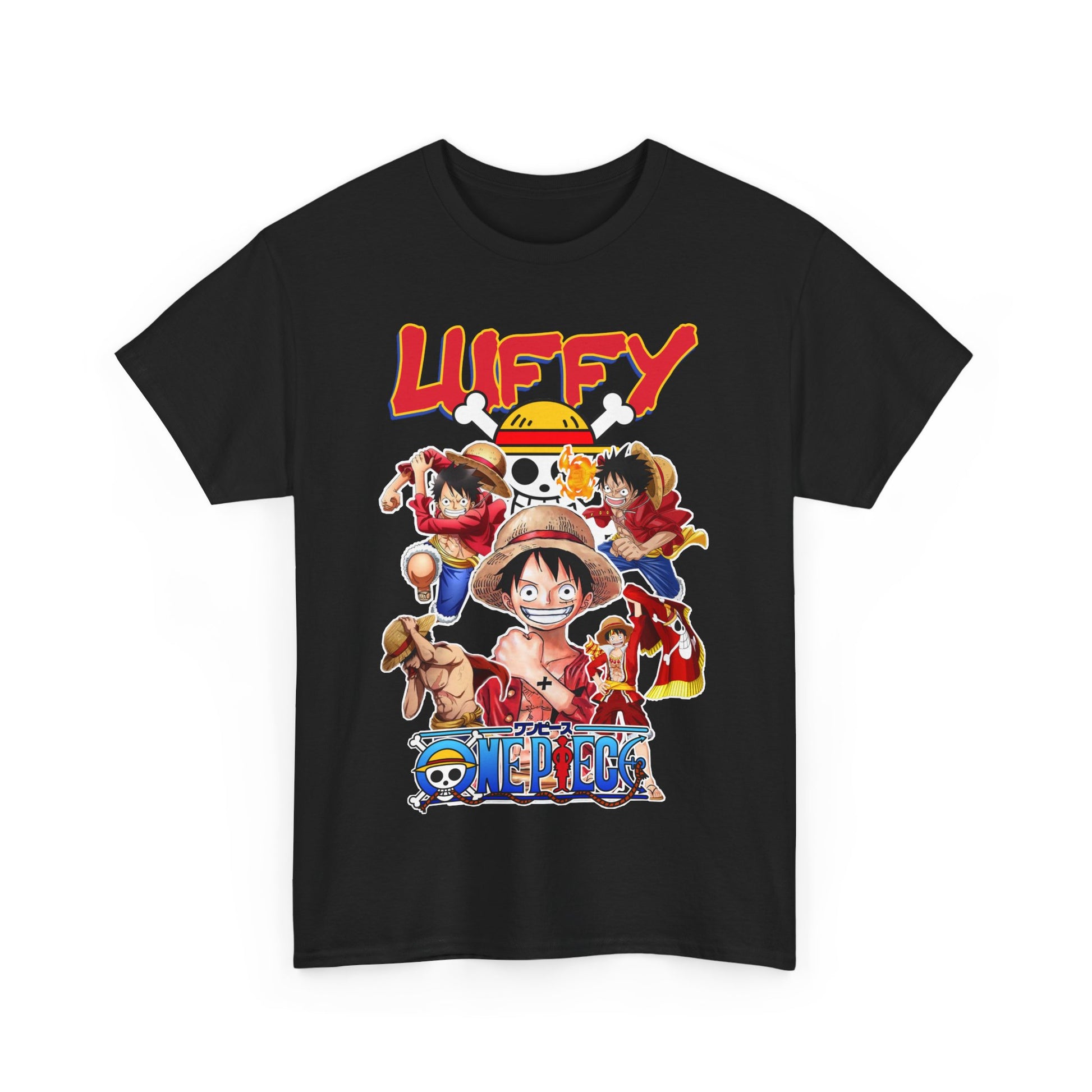 Elegant black t-shirt with a vivid 'One Piece' design, prominently displaying Luffy and his companions, a must-have for discerning collectors and anime lovers.