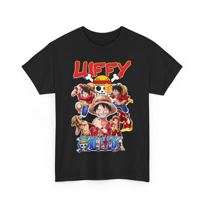 Elegant black t-shirt with a vivid 'One Piece' design, prominently displaying Luffy and his companions, a must-have for discerning collectors and anime lovers.